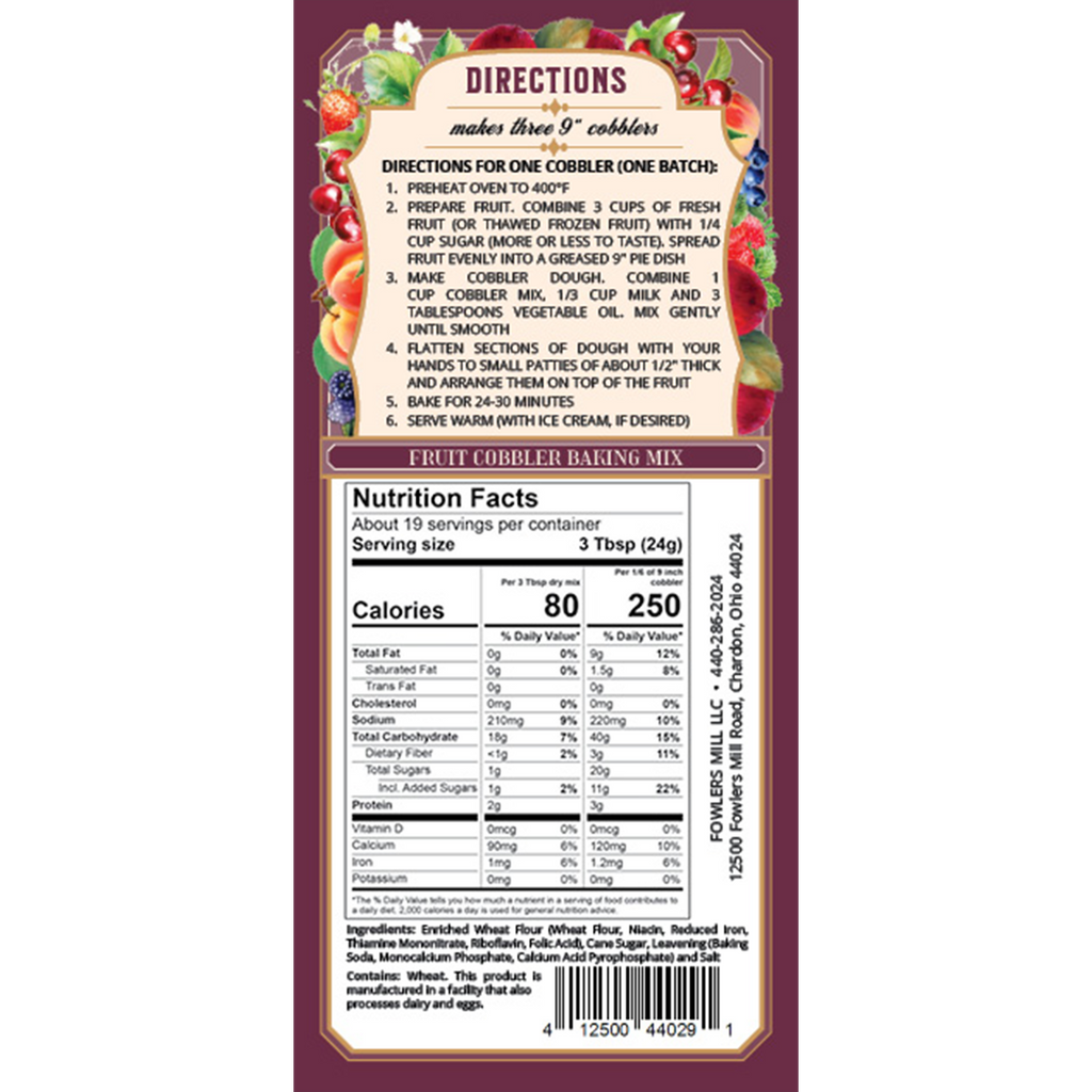 Back label of Fowler's Mill Fruit Cobbler Baking Mix. Includes directions and nutrition facts on a purple background with assorted fruit illustrations.